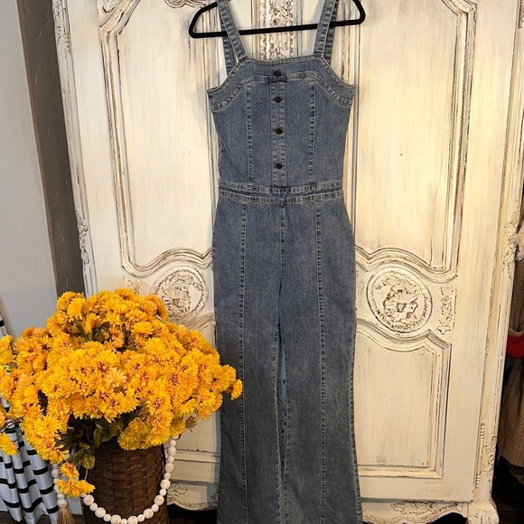 Pants - Retro Groovy Medium Wash Denim Strap Jumpsuit